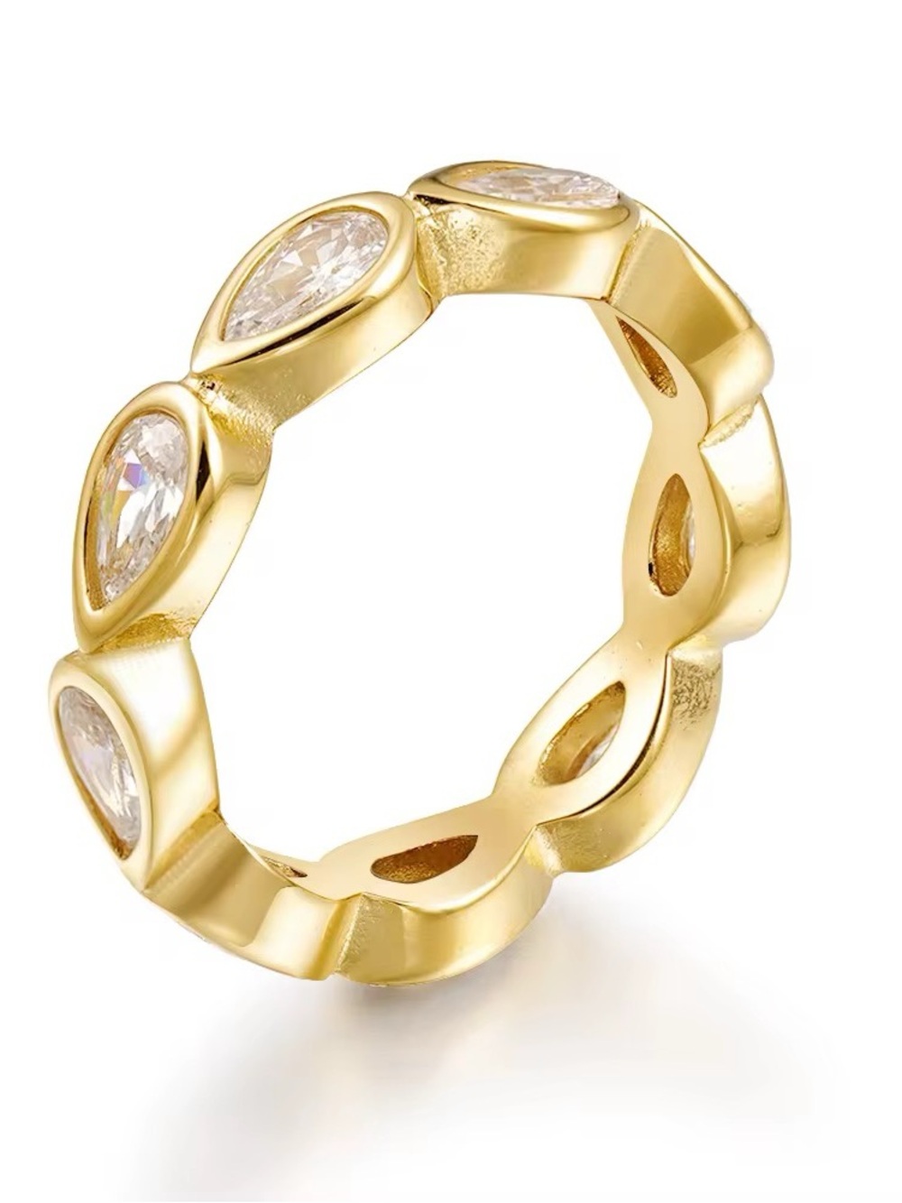 18K Gold Plated Eternity Ring w/ Bezel-Set Zircon Stones, Stainless Steel